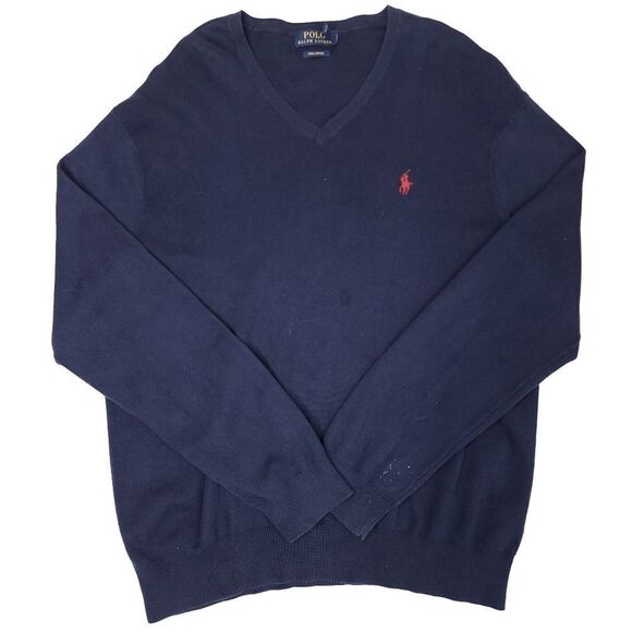 Polo Ralph Lauren Pima Cotton V Neck Sweater Mens Large Navy Casual Red Pony. - Picture 1 of 9
